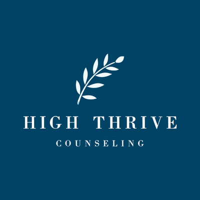 High Thrive Counseling logo: a pale leaf above the words High Thrive Counseling on a navy square